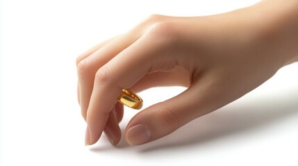 A woman's hand gently holds a gold band.