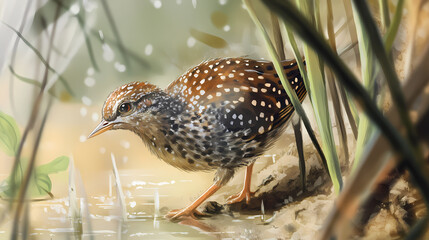 Obraz premium Close-up of a spotted crake (porzana porzana) foraging in a freshwater lagoon. Wild Lagoon. Illustration