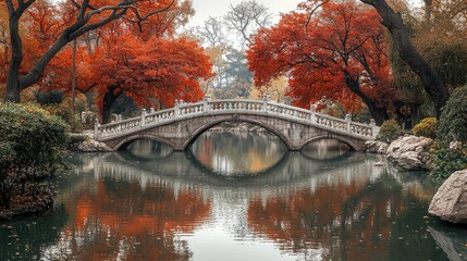 Stone bridge spanning serene autumnal pond amidst vibrant trees
