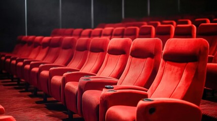 Naklejka premium Line of unoccupied red velvet seats in an awards theater. Music ceremony celebration industry honor