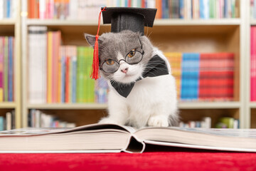 a cute british shorthair cat dressed as a doctor in front of a book shelf at horizontal composition
