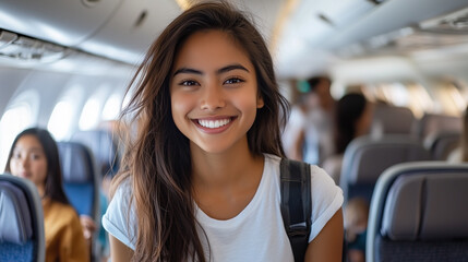 A young Asian woman smiling while seated in an airplane, wearing a white t-shirt and backpack, symbolizing travel joy.