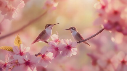 Hummingbirds on a Branch in a Pink Tree