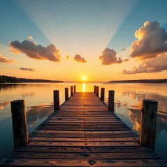 Fototapeta premium Abandoned wooden dock at sunset, ocean, rustic background, water