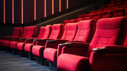 Line of unoccupied red velvet seats in an awards theater. Music ceremony celebration industry honor