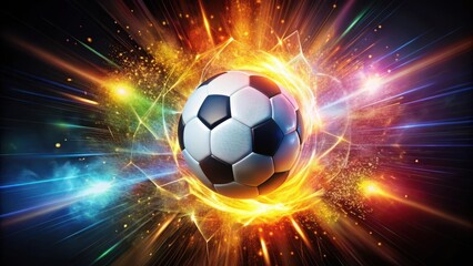 Naklejka premium A soccer ball exploding with vibrant colors and sparks, radiating energy and movement
