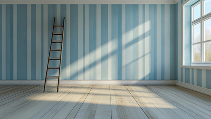 Empty room with striped blue wallpaper, wooden floor and a ladder leaning against the window.