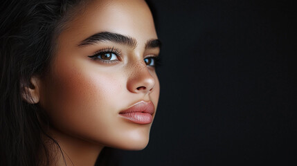 Fototapeta premium Dramatic side profile of a young woman with natural curls, freckles, bold brows, and glowing skin against black.