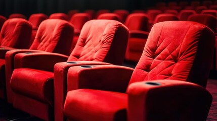Line of unoccupied red velvet seats in an awards theater. Music ceremony celebration industry honor
