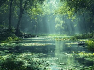 Obraz premium Lush Forest Pond with Lily Pads and Sun Rays Illuminating the Verdant Canopy