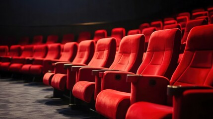Line of unoccupied red velvet seats in an awards theater. Music ceremony celebration industry honor