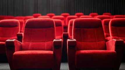 Line of unoccupied Red Velvet seats in an awards theater. Music ceremony celebration industry honor