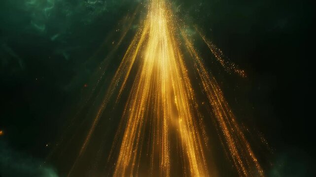 In a dark void, warm golden light illuminates cascading particles during a timeless moment, creating a luxurious atmosphere. 