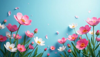 Blooming flowers in a light blue abstract garden, garden, abstract, nature