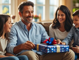 A young boy expresses his gratitude by giving his father a sophisticated grooming kit, portraying a beautiful father-son bond filled with appreciation, joy, and heartfelt emotions.
