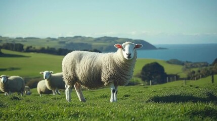 Fototapeta premium Sheep grazing on a lush green pasture overlooking a coastal landscape.