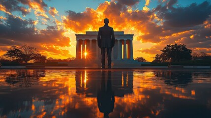 Man Silhouetted Against Lincoln Memorial Sunset