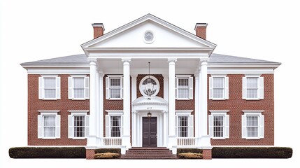 Obraz premium Symmetrical red brick building with white columns and trim isolated on white background