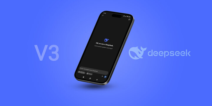 Ilustra&ccedil;&atilde;o de um smartphone com a logo da empresa DeepSeek, empresa chinesa de IA. Brasil, 29 de Janeiro de 2025.