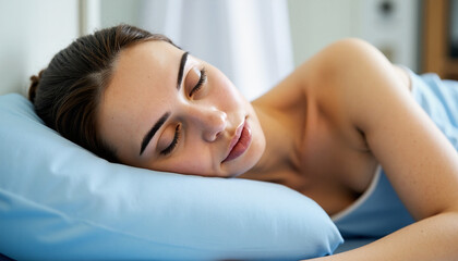 Obraz premium Woman peacefully sleeping on blue pillow in calming room