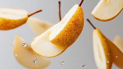 Sliced pears floating in air create whimsical and fresh visual. light background enhances pear creamy texture and unique shapes, evoking sense of playfulness