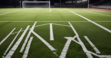 Obraz premium Close-up of football field's white yard lines and goalposts under bright stadium floodlights, sports equipment, close up
