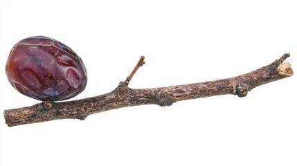 Single ripe plum on a bare branch isolated on white.