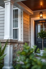 Obraz premium Elegant Home Exterior: Modern Design, Stone Accents, and Inviting Porch. Discover the perfect blend of style and comfort in this stunning residential property.