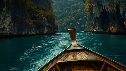 The wooden boat floats on the turquoise water, surrounded by green and towering mountains.