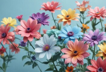 Fototapeta premium Colorful abstract flowers blooming on a light blue background, floral, peaceful, abstract