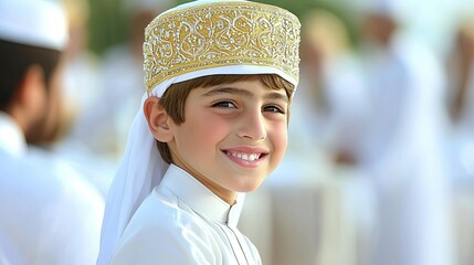 Smiling boy in traditional Middle Eastern attire.