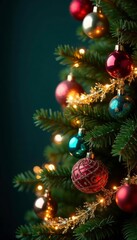 Sparkling evergreen tree adorned with colorful glass ornaments and glittering garlands, ornaments, tree