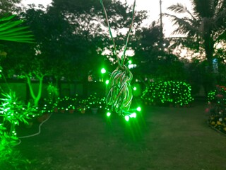 A charming nighttime scene in a garden. where colorful flowers an plants is illuminated by string...