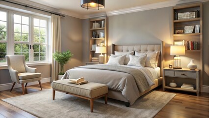 Warm and inviting bedroom with soft gray walls, plush cream-colored bedding, and a comfortable reading nook, featuring a floor lamp and a few favorite books , plush bedding, floor lamp