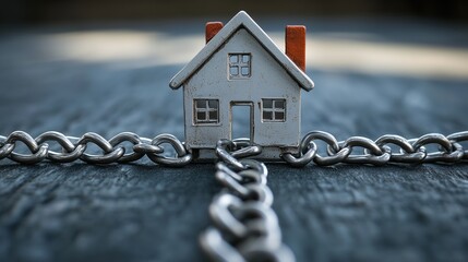 Miniature house entangled in metal chains on a dark wooden background, symbolizing real estate burdens, mortgage