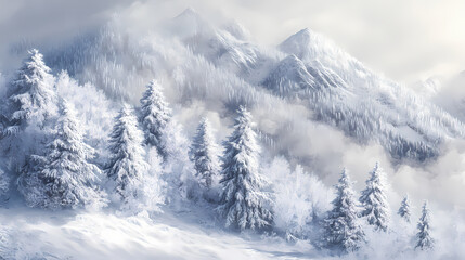 Winter scene featuring snow covered trees adorned with hoarfrost against mountain ridges. Winter Ridge. Illustration