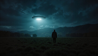 Man gazing at UFO in a dark field against mountainous backdrop