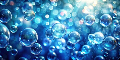 Glistening blue bubbles floating in air with bokeh effect creating soft focus and blurry background, shimmering