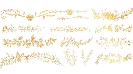 Stylish gold text dividers doodle set for wedding decor featuring vintage line separators, hand-drawn illustrations, decorative elements, borders, and ornaments, isolated on a white background
