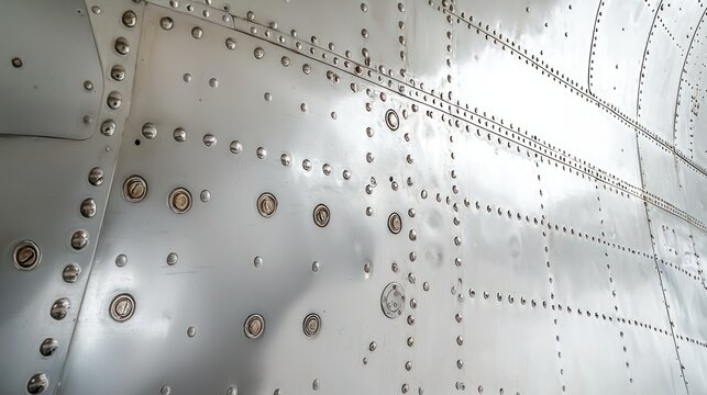 Airplane fuselage metal panels with rivets, hangar interior background, aviation industry use