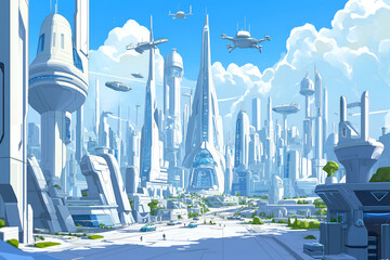 Vector illustration of a futuristic city skyline with flying vehicles and smart buildings. Vector illustrations concept