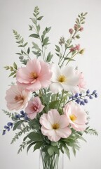 Obraz premium Delicate watercolor floral arrangement on a soft white background, botanical prints, flower patterns