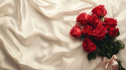 Elegant bouquet of red roses on soft silk background romantic setting floral