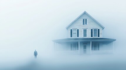 Subtle motion blur of a derelict house surrounded by dense fog, its eerie silhouette barely visible through the haze