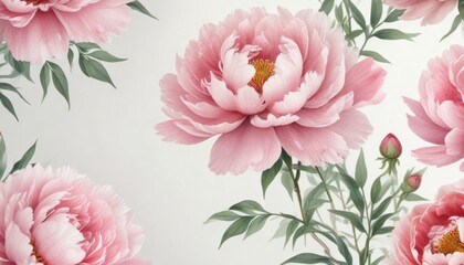 Delicate watercolor peony flowers on a soft white background, soft colors, spring flowers,
