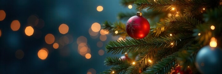 Sparkling fairy lights weave through Christmas tree branches with ornaments, ornaments, christmas