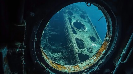 Sunken shipwreck viewed through submarine window, underwater, ocean, exploration, marine life, aquatic, wreck