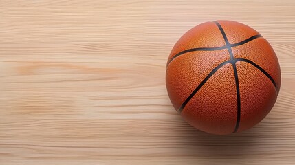 Obraz premium Top view close-up of a basketball on a polished wooden court, with empty space for promotional or sports event text