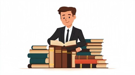 Student Reading Books in College Library with Laptop and Glasses