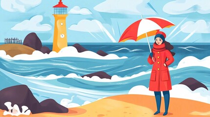 Fototapeta premium Tropical Beach Vacation Illustration with Woman in Bikini and Umbrella by the Ocean